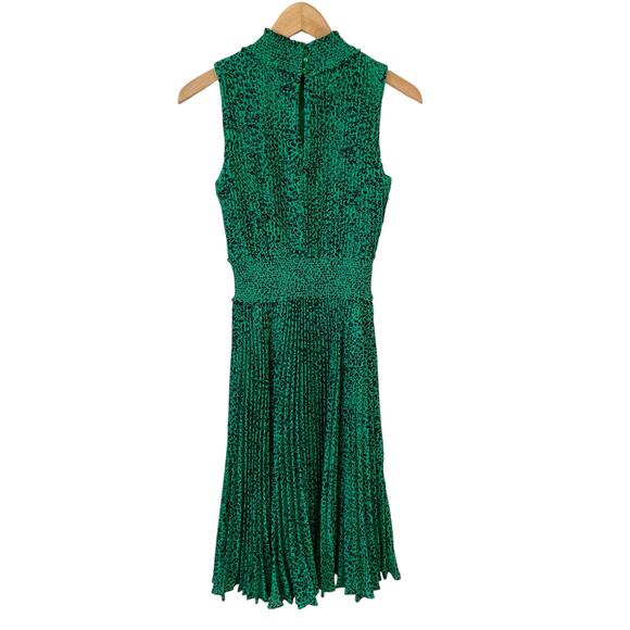NANETTE LEPORE Women's Pleated Animal Print Smocked Mock Neck Midi Dress Green - Picture 3 of 12